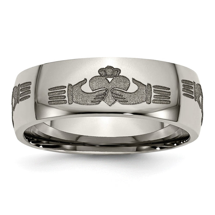 Buy Stylish 8mm Polished Titanium Claddagh Band with Laser Engraved Design-1