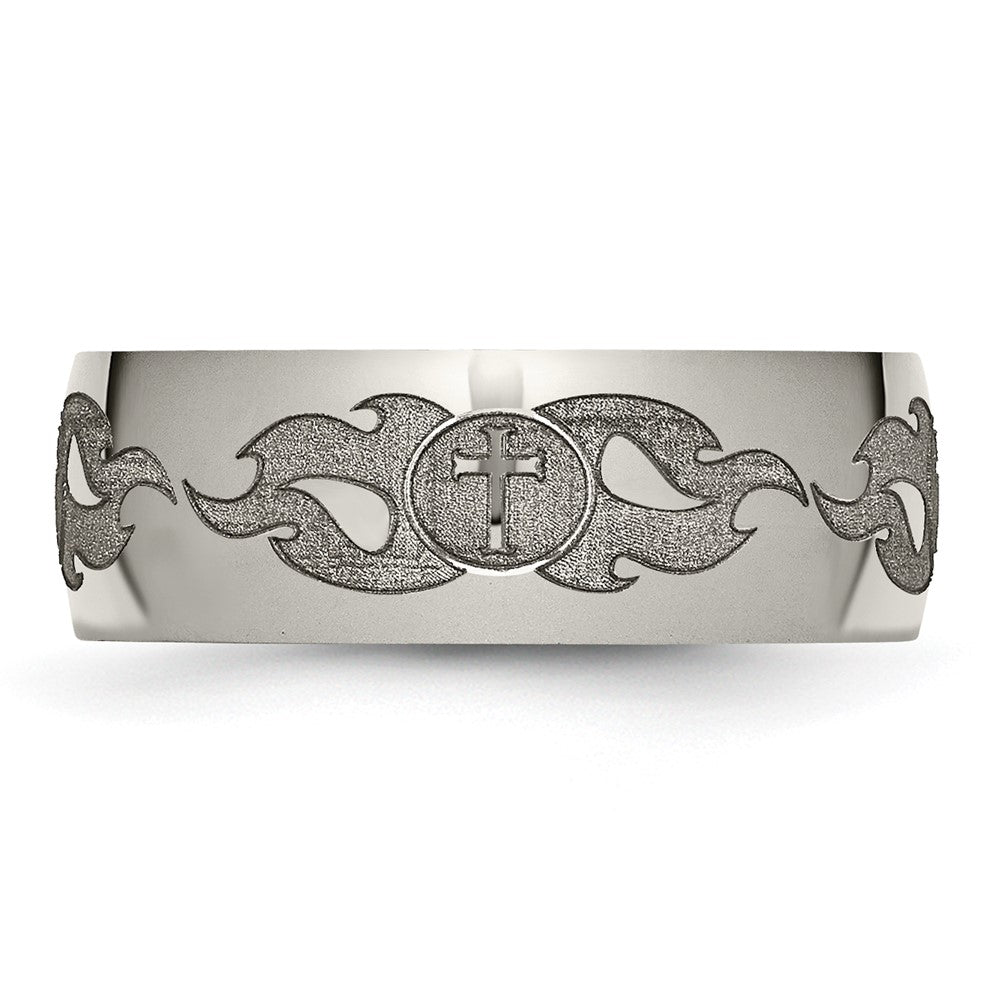 Buy Stylish 8mm Titanium Band with Laser-Engraved Cross & Flame Design