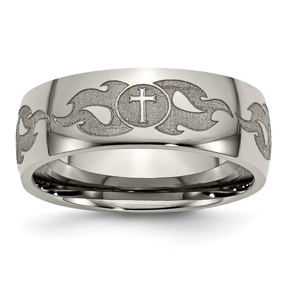 Buy Stylish 8mm Polished Titanium Band with Laser-Engraved Cross & Flame