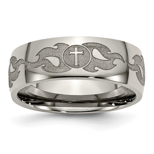 Buy Stylish 8mm Polished Titanium Band with Laser-Engraved Cross & Flame