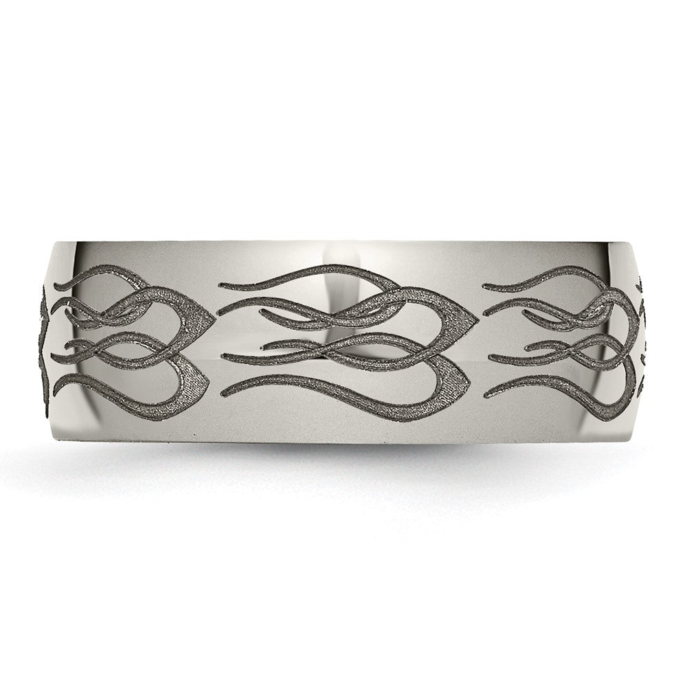 High-Quality 8mm Polished Titanium Band with Chiseled Flame Design - Stylish!