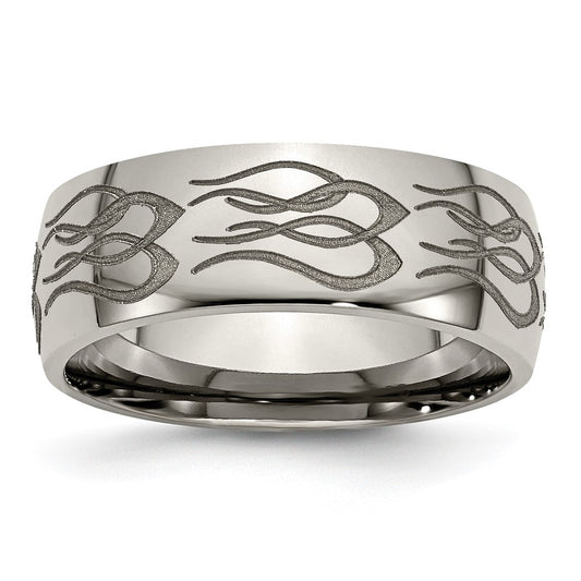 Order Stylish 8mm Polished Titanium Band with Chiseled Flame Design
