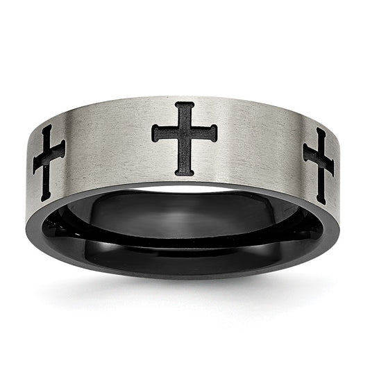 Buy Stylish 7mm Brushed Black IP-Plated Titanium Cross Band - High-Quality Design