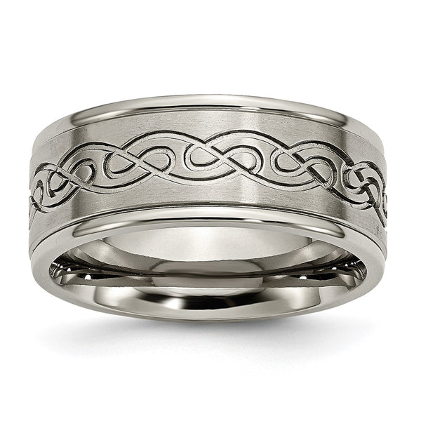 Brushed Titanium 9mm Scroll Design Chisel Band Ring