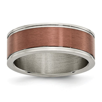 Designer 8mm Grooved Edge Band in Titanium & Brown IP Plating - Stylish Value