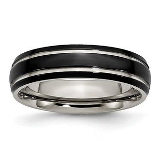 Exclusive Chisel 6mm Grooved Band - Stylish Polished Black IP-Plated Titanium
