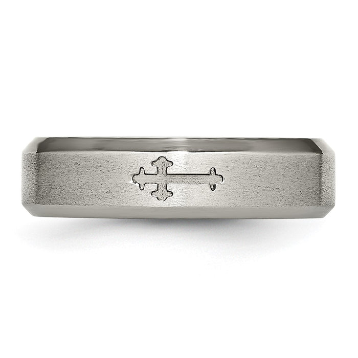 Buy Stylish 6mm Brushed Titanium Beveled Edge Band with Chiseled Cross Design-4