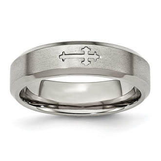 Buy Stylish 6mm Brushed Titanium Beveled Edge Band with Chiseled Cross Design