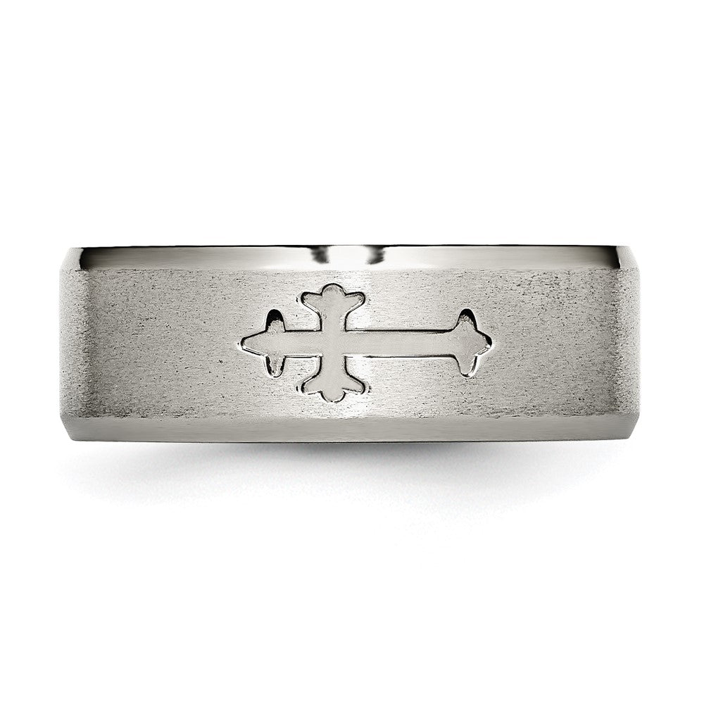 Buy Stylish 8mm Titanium Beveled Edge Chisel Band with Brushed Cross Design