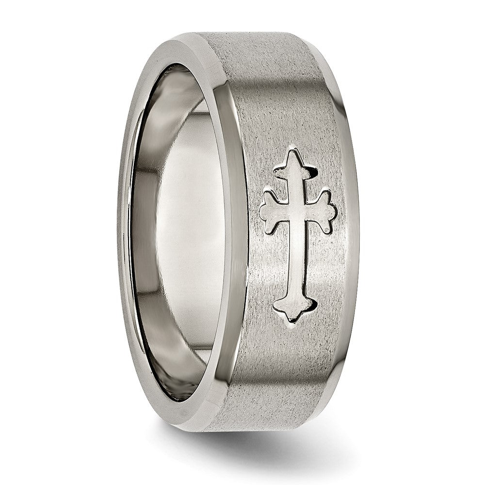 Buy Stylish Titanium 8mm Beveled Edge Band with Brushed Center & Cross Design