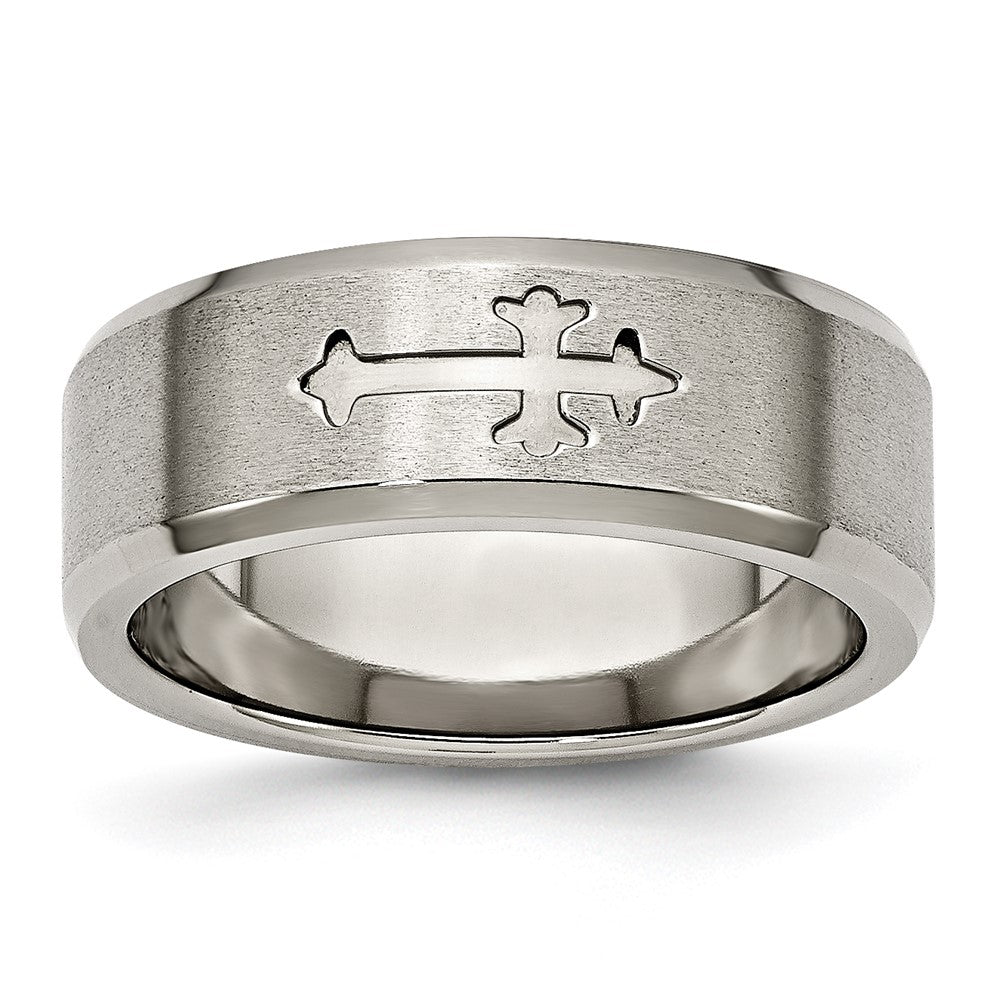 Buy Stylish Titanium 8mm Beveled Edge Band with Brushed Center & Cross Design