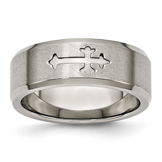 High-Quality Brushed Titanium 8mm Beveled Edge Band | Stylish Chiseled Cross Design