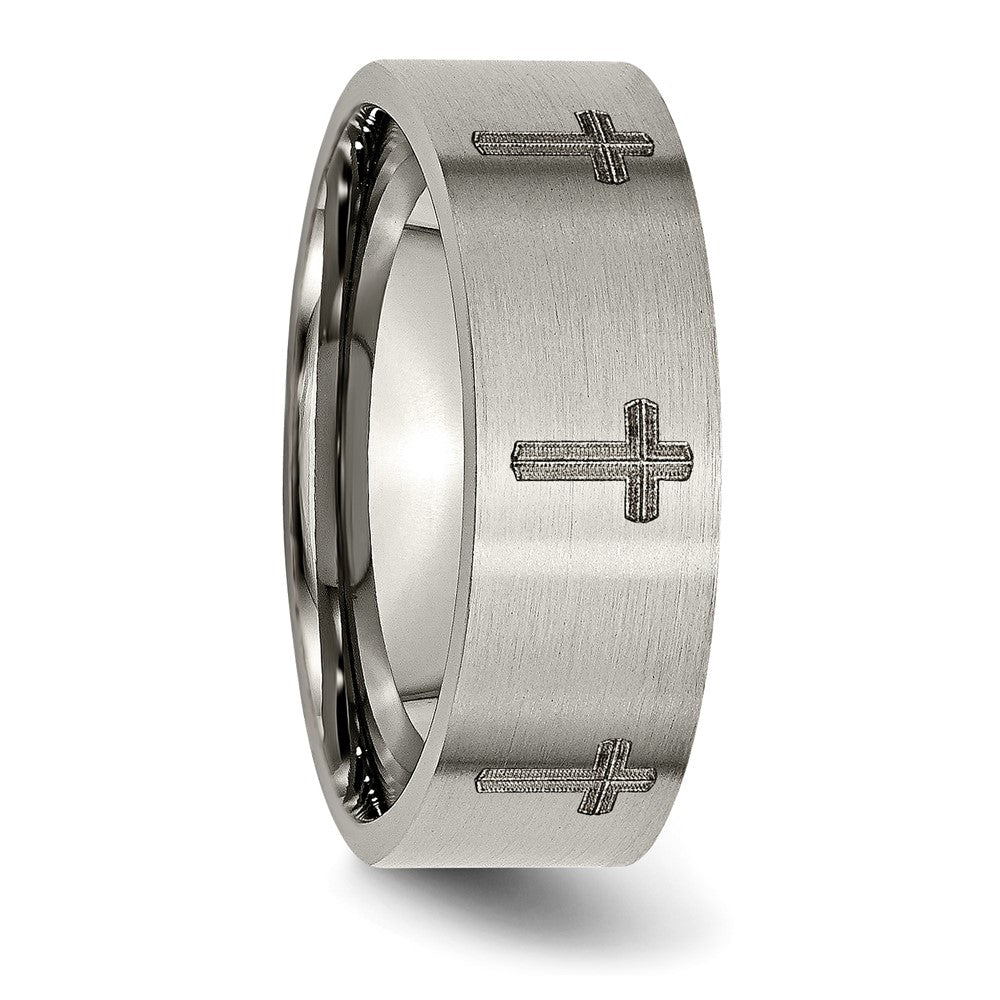 Exclusive 8mm Brushed Titanium Flat Band with Chiseled Cross - Stylish Value!