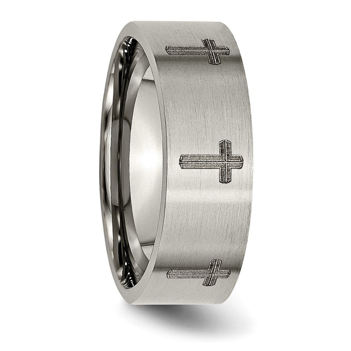 Buy Stylish 8mm Brushed Titanium Flat Band with Chiseled Cross Laser Design-4