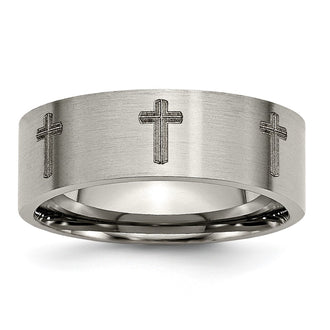 Buy Exclusive 8mm Brushed Titanium Flat Band with Chiseled Cross Design - Stylish!
