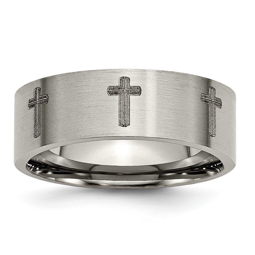 Buy Stylish Brushed Titanium 8mm Flat Band with Chiseled Cross Design