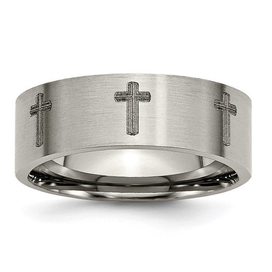 Buy High-Quality 8mm Brushed Titanium Flat Band with Chiseled Cross Design