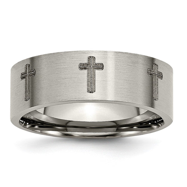 8mm Brushed Titanium Flat Band with Chiseled Cross