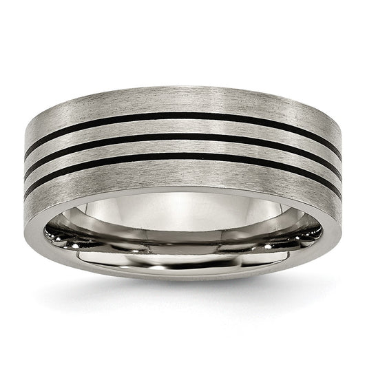 Buy High-Quality 8mm Chiseled Titanium Flat Band with Stylish Black Enamel Stripes