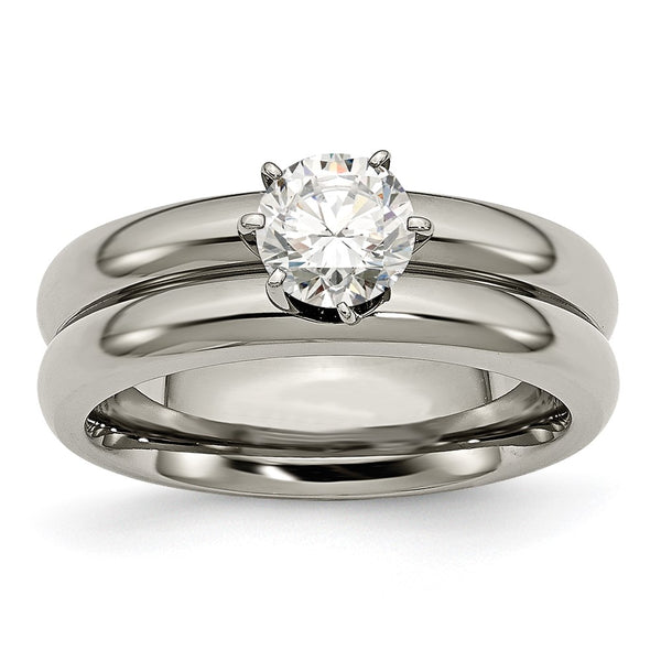 Polished Titanium Chisel Ring with Cubic Zirconia Accents - Style GR1-1024696