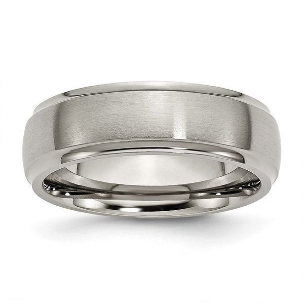 Brushed Titanium Chisel 7mm Ridged Edge Band Ring