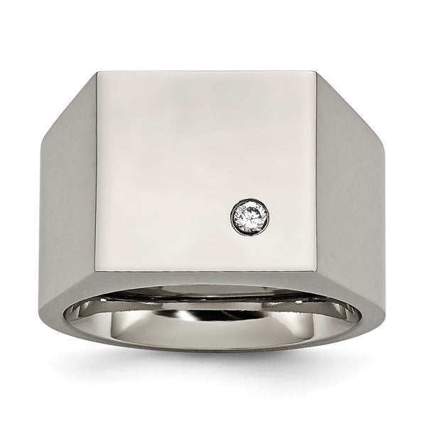 Chisel Titanium Polished Signet Ring with Cubic Zirconia