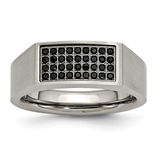 Chisel Titanium Signet Ring - 8mm, Black IP-Plated, Cubic Zirconia
