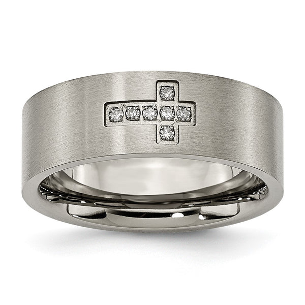 Brushed Titanium 8mm Flat Band with 1/15 Carat Diamond Cross Accent