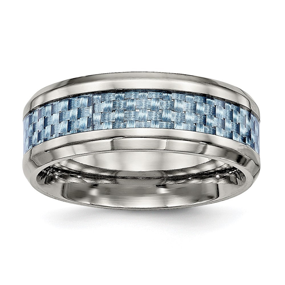 Buy Stylish 8mm Polished Titanium Chisel Band with Light Blue Carbon Fiber Inlay