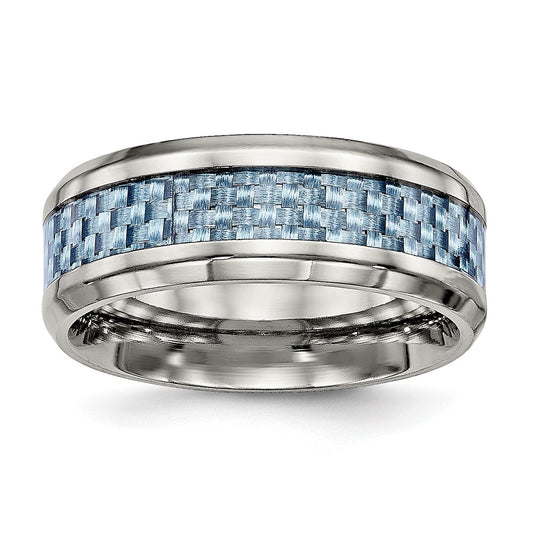 Buy Stylish 8mm Polished Titanium Chisel Band with Light Blue Carbon Fiber Inlay