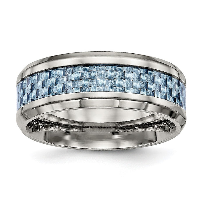 Buy Stylish 8mm Polished Titanium Chisel Band with Light Blue Carbon Fiber Inlay-1