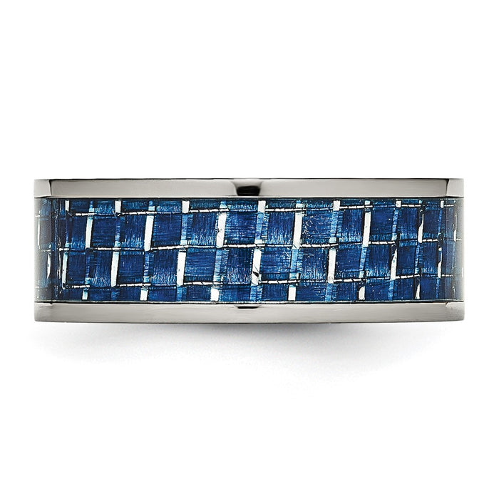 High-Quality Chiseled Titanium Flat Band, 8mm Blue Carbon Fiber Inlay-3
