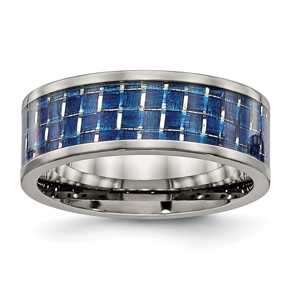 8mm Titanium Chisel Flat Band with Blue Carbon Fiber Inlay