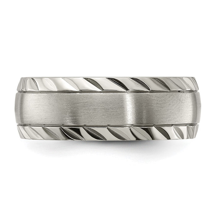 High-Quality 8mm Chiseled Titanium Band - Stylish Polished Finish & Grooved Edges-3