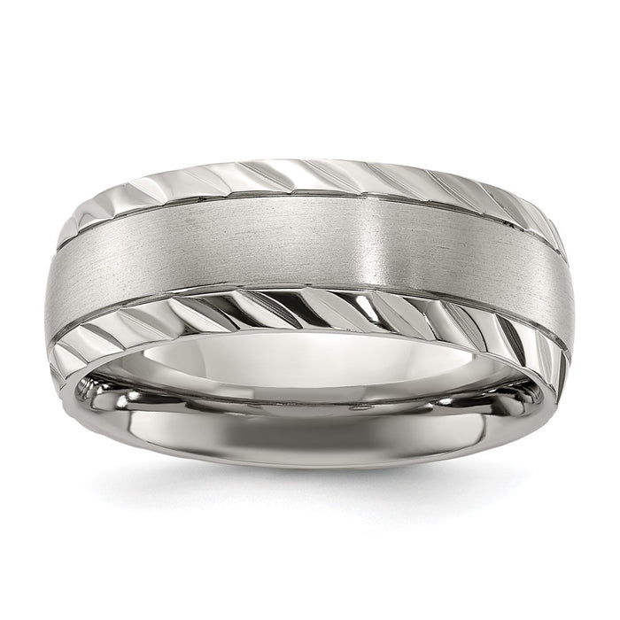 High-Quality 8mm Chiseled Titanium Band - Stylish Polished Finish & Grooved Edges-1