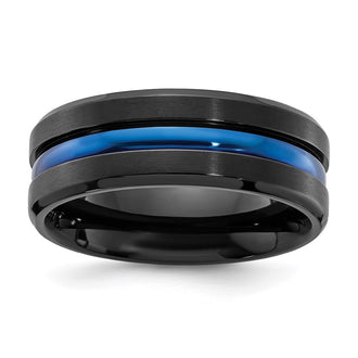 Exclusive 8mm Brushed Black Titanium Chisel Band with Polished Blue Center
