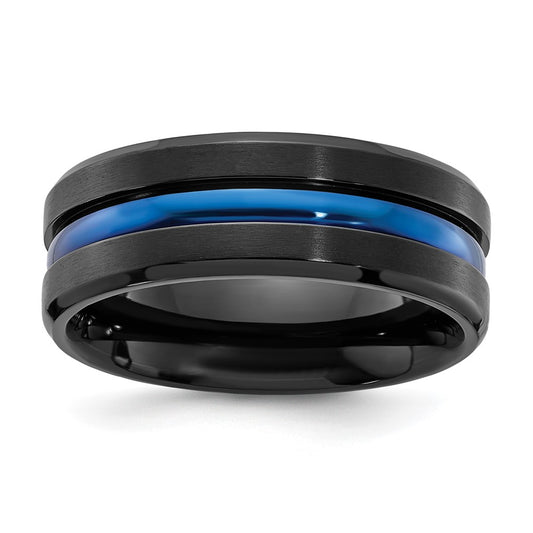 Exclusive 8mm Brushed Black Titanium Chisel Band with Polished Blue Center