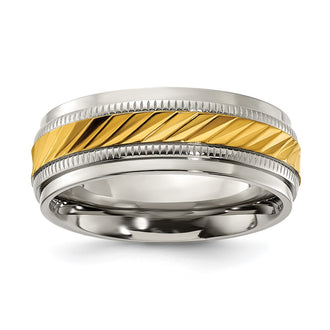 Buy Stylish 8mm Chisel Titanium Polished Band with Yellow IP-Plated Center