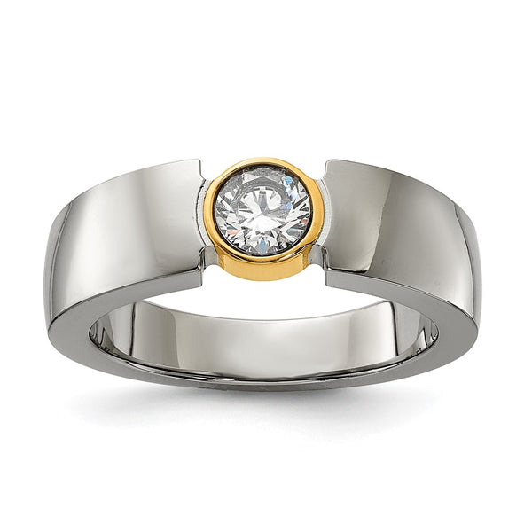Chisel Titanium Polished Yellow IP-Plated Tapered Ring, CZ Accents