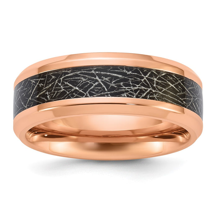 Buy Stylish 8mm Chisel Titanium Band, Polished Rose IP-Plating & Leather Inlay-1