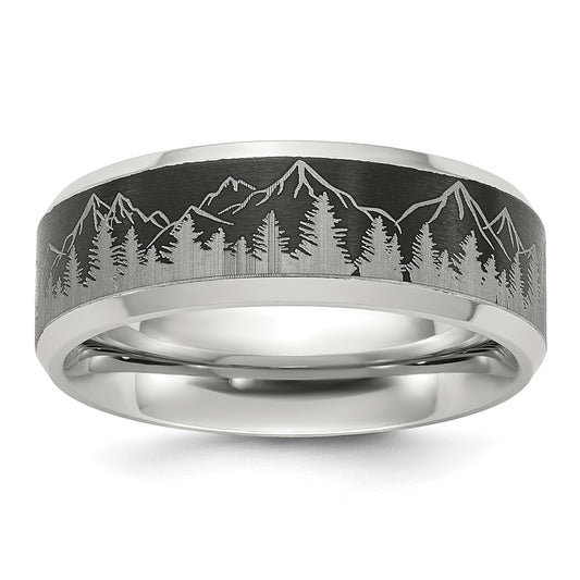 Exclusive 8mm Chisel Titanium Band with Laser-Engraved Mountain Design