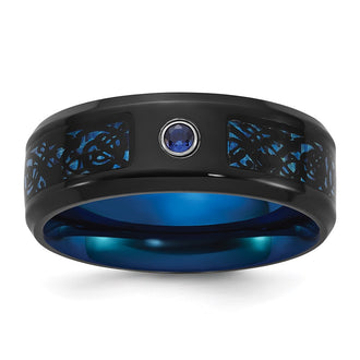 Buy Stylish 8mm Chisel Titanium Band with Black & Blue IP Finish, CZ Inlay