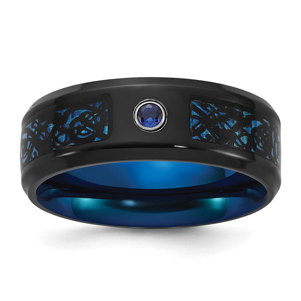 8mm Chisel Titanium Band with Blue CZ & Polished Black