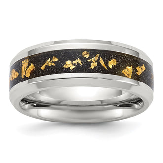 Exclusive 8mm Chiseled Titanium Band with Polished Finish - Stylish Black & Gold Foil Inlay