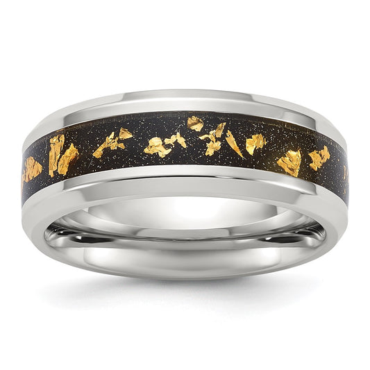 Exclusive 8mm Chiseled Titanium Band with Polished Finish - Stylish Black & Gold Foil Inlay