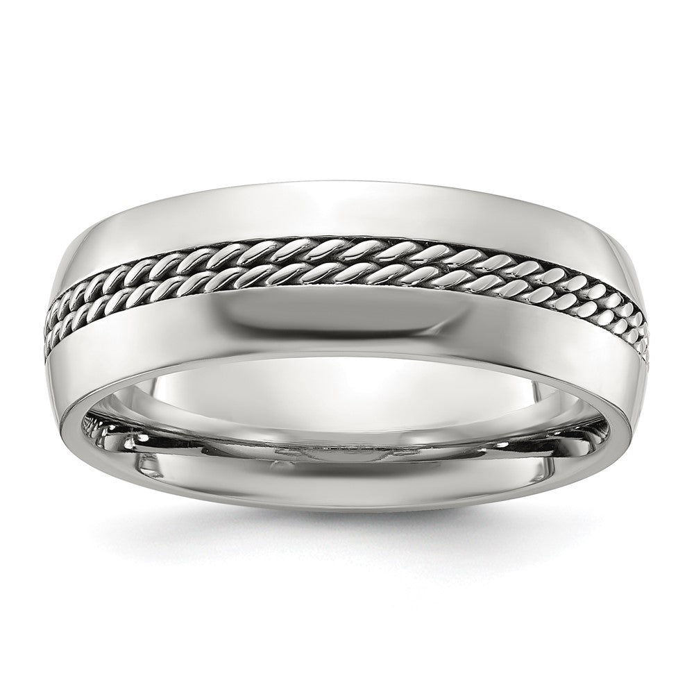 High-Quality Polished Titanium 7mm Chisel Band with Stylish Curb Chain Inlay