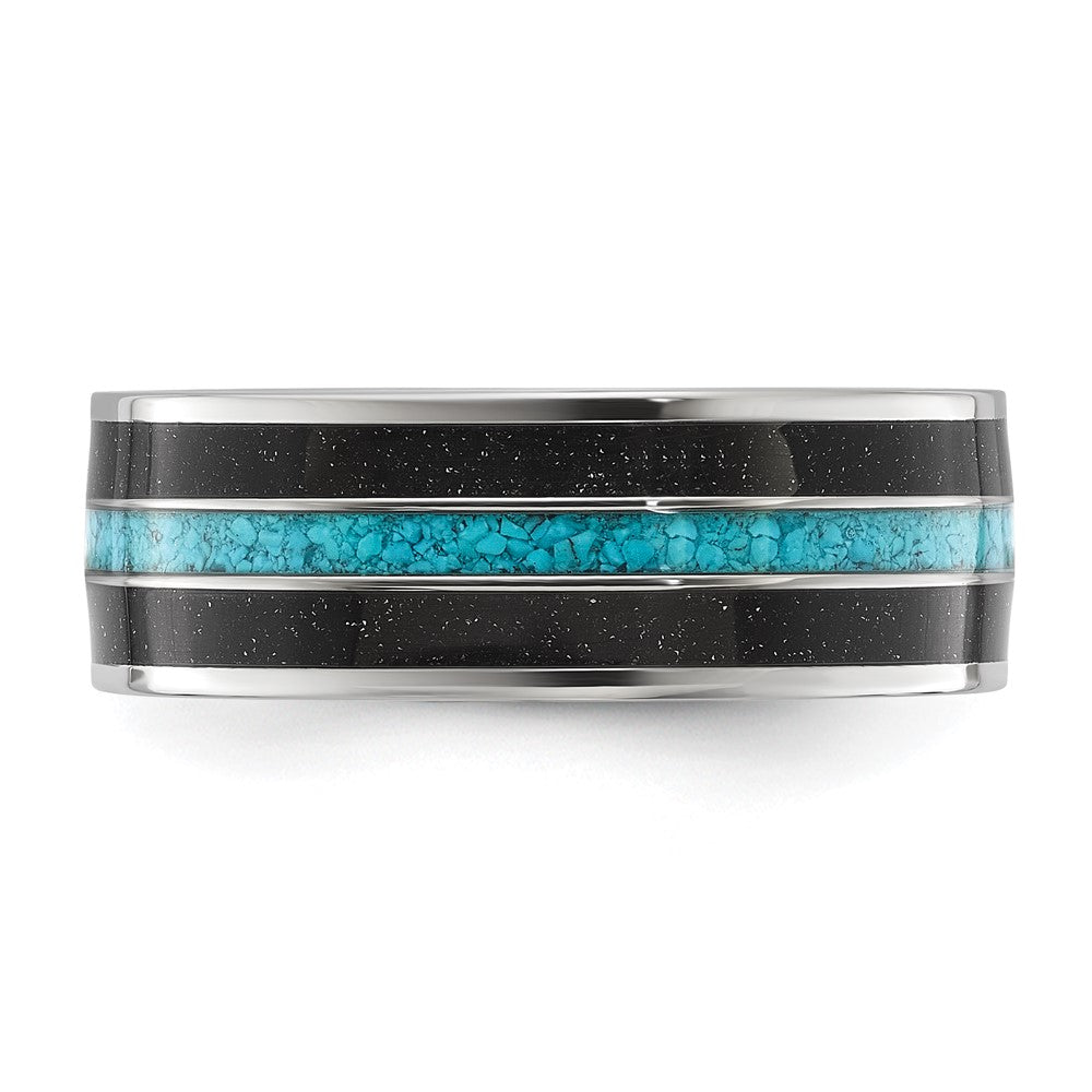 Buy Stylish 8mm Chiseled Titanium Band with Turquoise & Black Sandstone Inlay