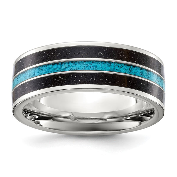 8mm Chiseled Titanium Band with Turquoise & Black Sandstone Inlay