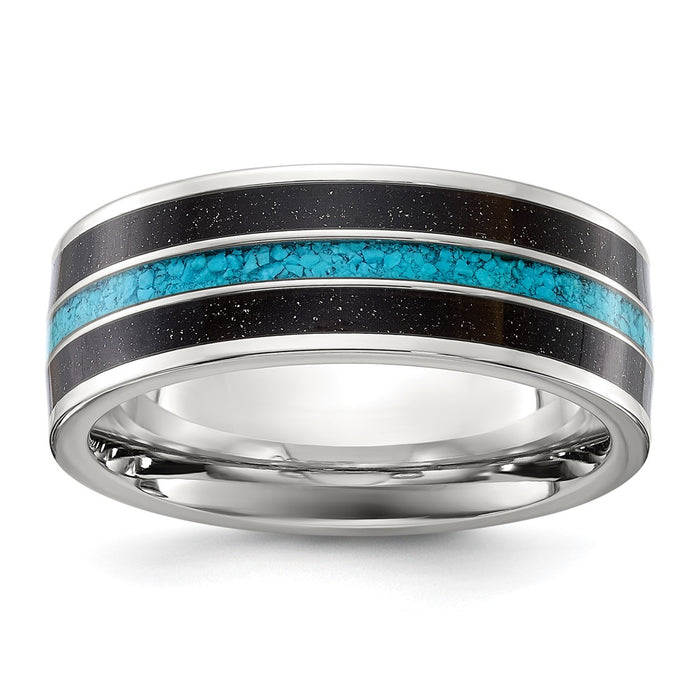 Buy Stylish 8mm Chiseled Titanium Band with Turquoise & Black Sandstone Inlay-1