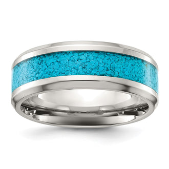 Buy Exclusive 8mm Polished Titanium Chisel Band with Turquoise Inlay - Stylish!